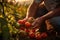 Closeup Of Farmers Hands Harvesting Ripe Tomatoes. Generative AI