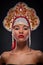 Closeup fashionable portrait of a beautiful african american woman with the richly decorated kokoshnik on her head. Russian style