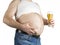 Closeup fat belly with beer isolated on white background