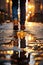 Closeup of the feet person in leather boots reflected in a puddle on a cobbled street.