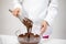Closeup female chef stirring dark melted chocolate with whisk, white background