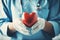 Closeup female doctor with stethoscope holding red heart shape in hand. Healthcare and medical concept, generate with Ai