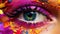 Closeup female eye with colorful holi, fashionable make-up, banner, poster