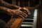 Closeup female male hands talented African-American musician musical teacher playing piano fingers touching piano tiles