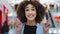 Closeup female portrait young emotional african american woman girl lady lucky with curly hair crossing fingers hoping
