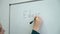 Closeup female teacher hand writing on a white chalkboard or blackboard in classroom