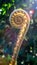 Closeup of fern bud in the tropical rain forest with sunbeam.