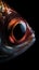 Closeup fish eye, portrait of animal on dark background