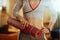 Closeup on fitness mat in hand of healthy woman at modern home
