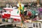 Closeup of flags hung on floats on fishing boats