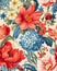 Closeup floral pattern red blue white flowers aggressive grand c