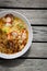 Closeup food design background of Spicy egg noodle soup with pork