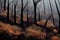 Closeup forest fire with flames and thick smoke clouds natural disaster background. Hell in wilderness, apocalypse in