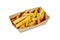 Closeup of french fries in cardboard container isolated on white background