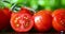 Closeup of fresh cherry tomato with water drops and green lettuce in background. dolly shot