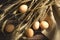 Closeup of fresh eggs, ripe wheat stems on the sackcloth, wooden background