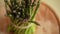 Closeup of fresh green asparagus on rustic wooden board