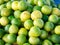 Closeup of fresh organic green lemons for retail sale in local market,