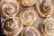 Closeup of freshly baked round homemade cinnamon buns lying on a plate, top view, flat lay, food and baking background