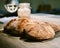 Closeup of freshly baked rusty crusty home-made bread