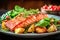 Closeup Fried Salmon Steak with vegetables and basil on wooden table. Healthy concept, gluten free.