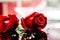 Closeup and front view young red British roses with dew drops and reflection shadow on blurry background