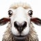 Closeup Funny Portrait of surprised sheep with Huge Eyes on solid white background, wide angle shot. ai generative