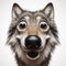 Closeup Funny Portrait of surprised wolf with Huge Eyes on solid white background, wide angle shot. ai generative