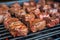 closeup of garlic bbq steak tips with grill marks