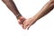 Closeup of a gay couple holding hands, Rainbow flag is a symbol of lesbian, gay, bisexual, and transgender. White background