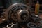 Closeup of a gear wheel in a factory. 3d rendering, Realistic gear set in an engine, AI Generated