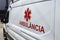 closeup of generic ambulance car description - in portuguese: ambulancia