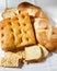 Closeup of genoese focaccia, bread and crackers.