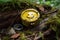a closeup of a geocache with the iconic yellow smiley face and hidden treasure