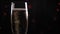 Closeup of glass of champagne with bubbles slowly spinning on a black background