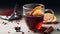 Closeup Of Glass Transparent Mug With Black Tea On Table In Composition With Aromatic Spices