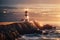 closeup glowing lighthouse on the coast sea. ai generative