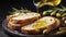 A Closeup of Golden Olive Oil Being Poured onto Fresh Bread, Set Against a Dark Canvas