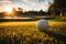 closeup golf club and golf ball on green grass wiht sunset