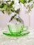 Closeup of Green Depression Glass on Wedding Table