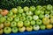 Closeup of green tomatoes in a market under the lights