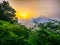 Closeup of green vegetation and sunrise over the clouds at the b