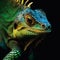 Closeup of a green and yellow iguana on a child\\\'s head