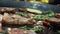 Closeup grilled beef with herbs on frying pan. Juicy meat frying in slow motion