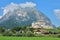 Closeup of Grimming Peak of Dachstein Mountains Dachsteingebirge and Trautenfels Castle Schloss Trautenfels, Styria, Austria