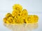 Closeup of group of bright yellow coltsfoot Tussilago farfara on white, isolated background in sunlight