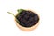 Closeup of group Mulberry berry with leaf isolated on wooden cu