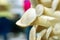 Closeup a group of white mushroom on blurry background.