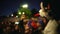 Closeup guy scream furiously, jump friend backdrop crowd from win football game