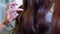 Closeup of hairdresser hands styling customer`s long dark hair and applying hair spray